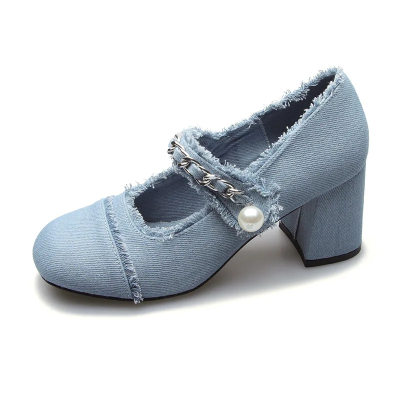 

Denim Pearl Chaussure Femme Square Toe Mary Jane Shoes Zapatos De Mujer Tacon Medio Elegantes Thick Heel Women's Retro Pumps