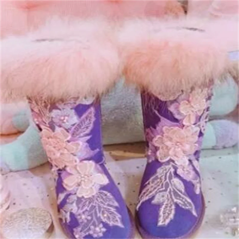

Flower fox hair boots Winter plus fleece warm boots Handmade custom fur all-in-one boots men and women size 35-44