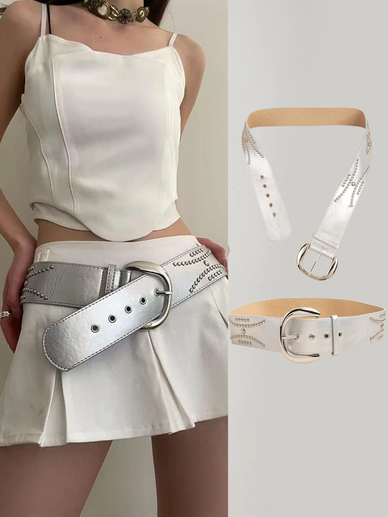 1 Stück Damen-Silber-Punk-Licht, luxuriös, lässig, Nieten, breiter Gürtel, Jeansrock, vielseitiger dekorativer Gürtel, geeignet für die tägliche Reise