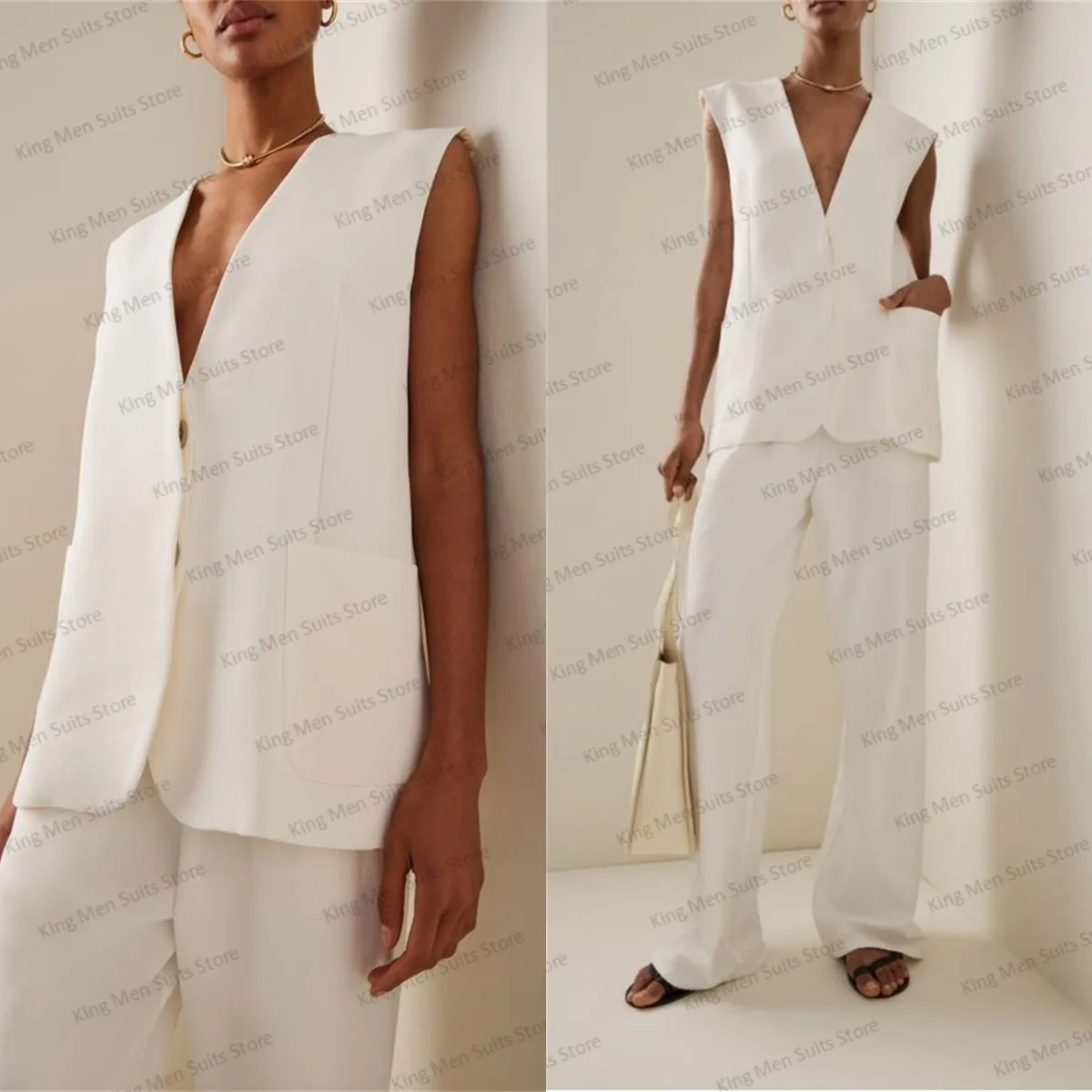 

White Women Pants Suit Set Vest+Trousers 2 Pieces Jacket Formal Prom Dress Office Lady Waistcoat Custom Made Prom Costumes