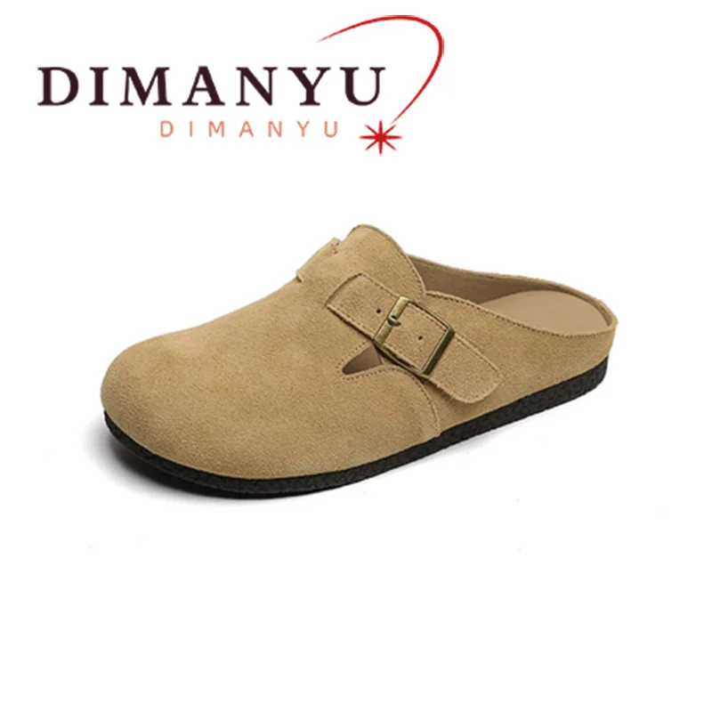 

DIMANYU Genuine Leather Women's Shoes 2024 Spring New Baotou Women's Half Slippers Retro Flat Bottom Large Slippers Women's