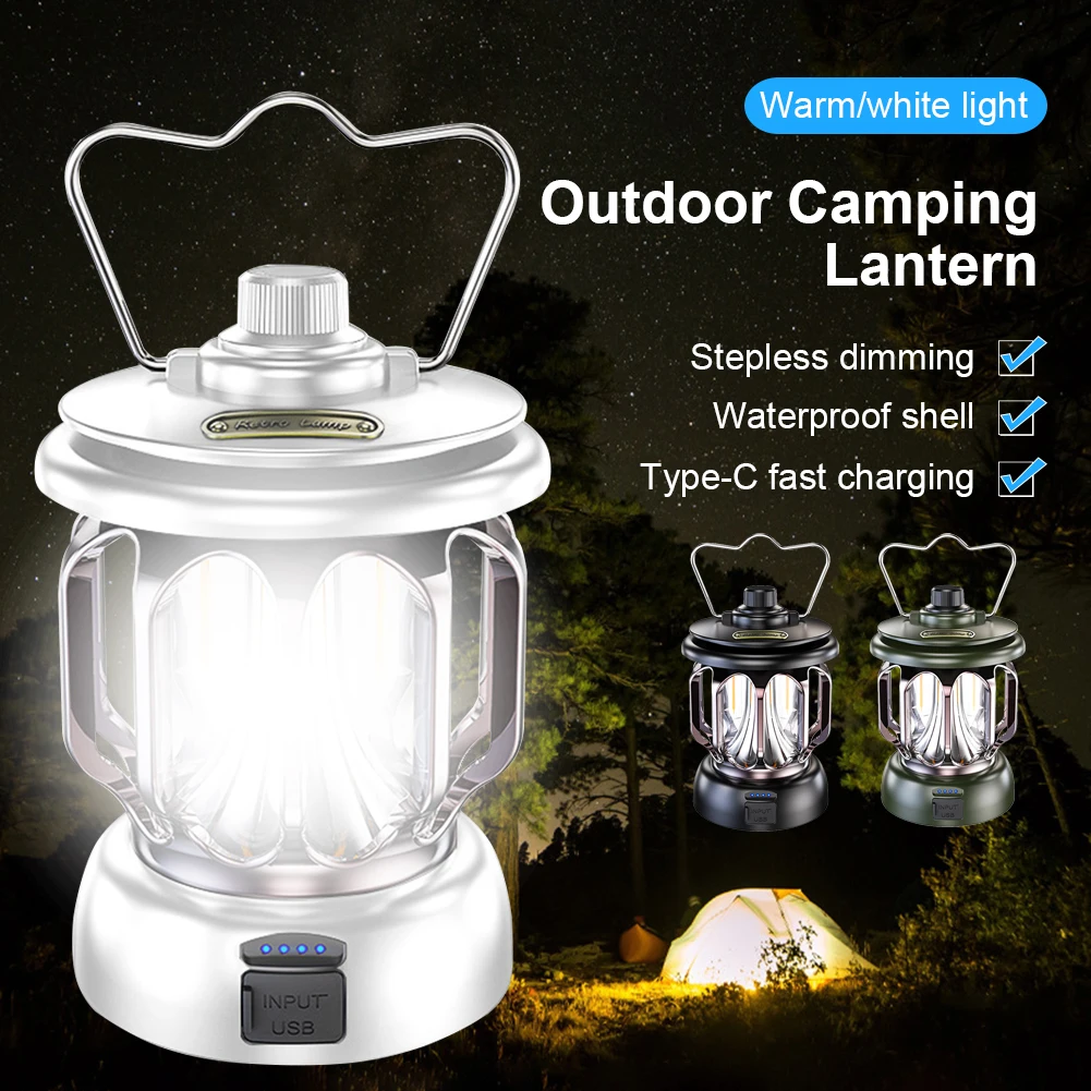 

Retro Portable LED Camping Lantern Rechargeable Mini Hanging Light Vintage Camp Lamp 3 Lighting Modes Dimmable Outdoor Tent Lamp