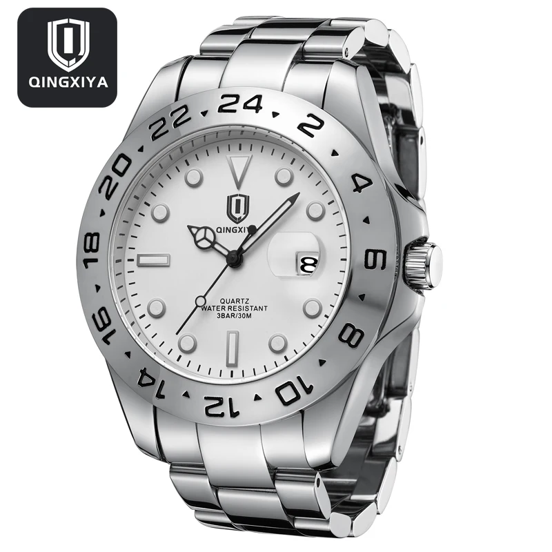 

QINGXIYA Brand Luxury Solid Stainless Steel Quartz Watch for Men Waterproof Luminous Calendar Mens Watches Relogio Masculino