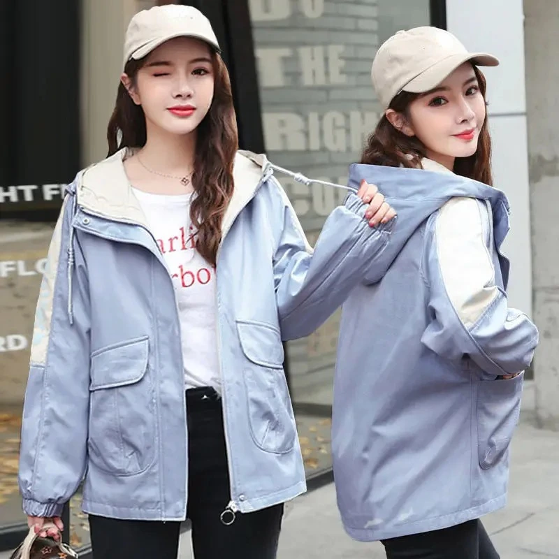 Hooded Trench Coat for Women, Fashionable Casual Coat, Patchwork, Zipper, Spring and Autumn, New, 2023