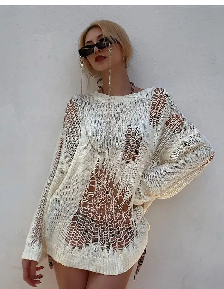 Solid Long Sleeve Hollow Out Sweater