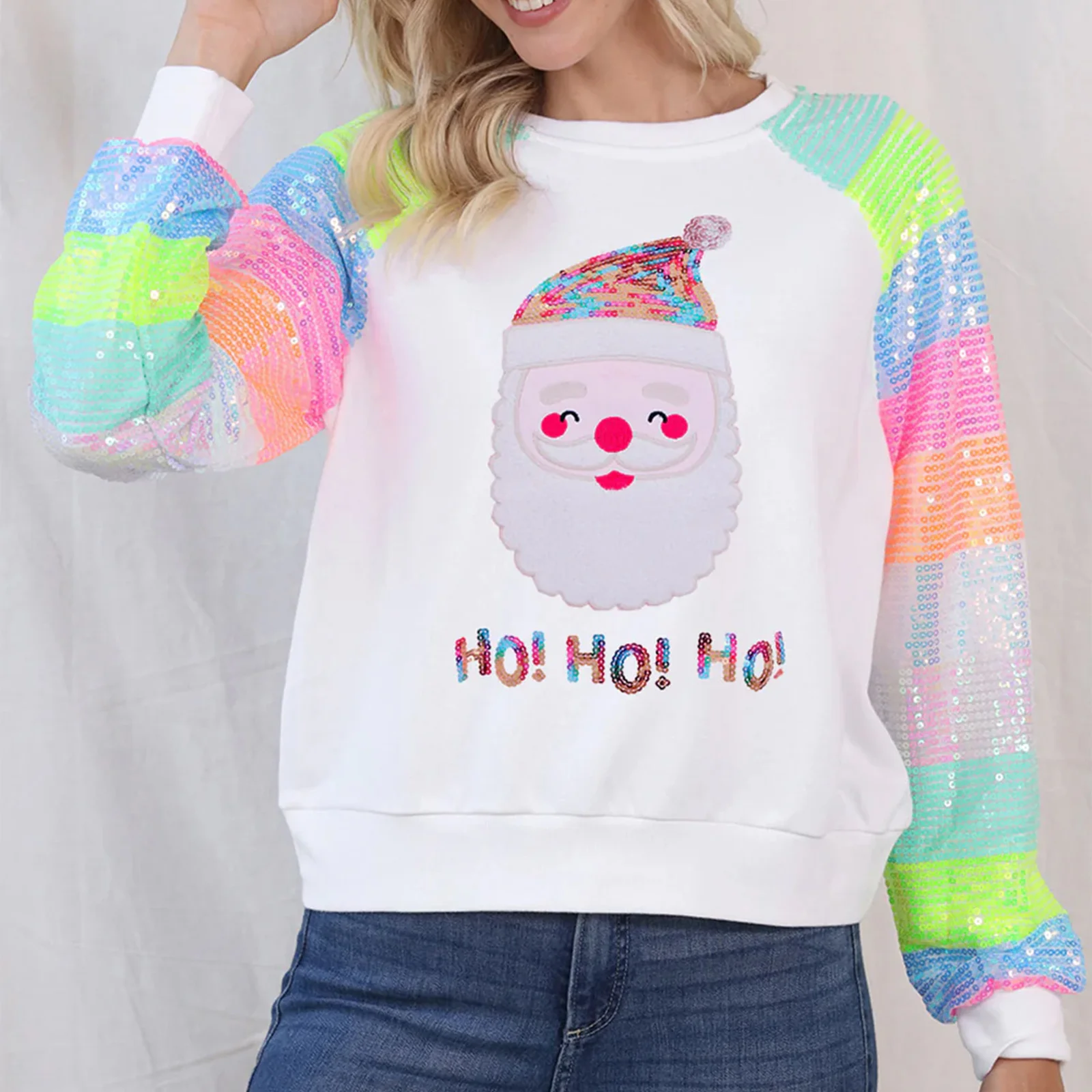 Sudaderas navideñas para mujer, moda, lentejuelas, manga larga, cuello redondo, suéteres, blusas de gran tamaño