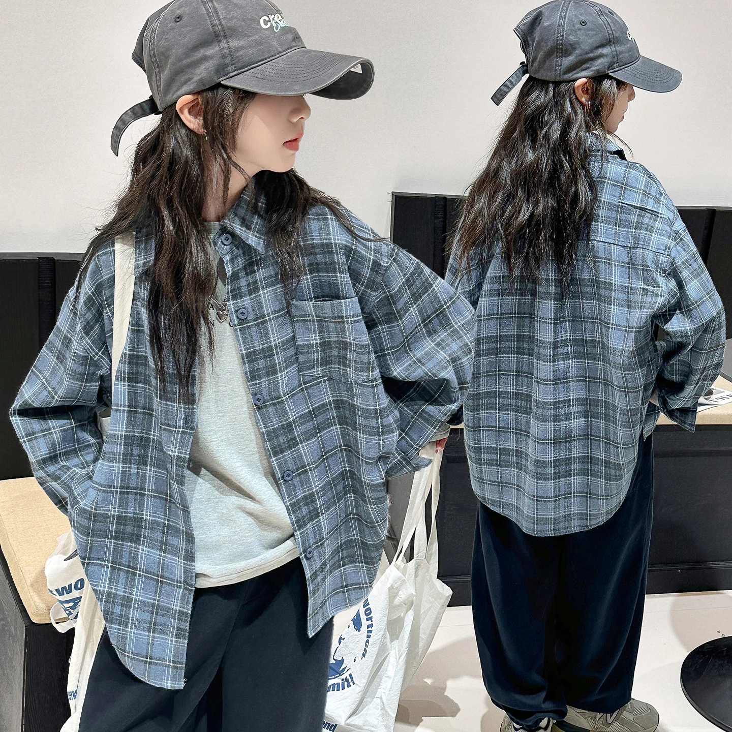 여자 긴 소매 면 셔츠 봄 가을 격자 무늬 순수 면 봄 패션 아동 의류 여자 아우터 얇은 코트