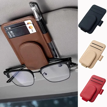 Porta occhiali da sole per auto Visiera parasole Clip per occhiali multifunzione in pelle Gancio per occhiali Clip per biglietti portatile Accessori per auto