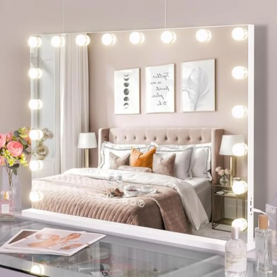 Large Vanity Makeup Mirror with Lights 32"X23" Lighted Hollywood Mirror with 18 Dimmable Bulbs 3 Color Light Settings USB Port