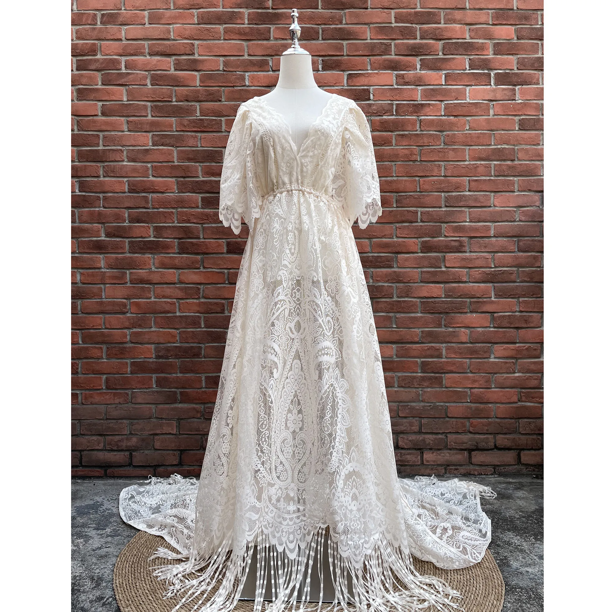 

Don&Judy Boho Lace Floral Wedding Dress Vestido De Noiva With Tassel Long Prom Evening Party Gown Maternity Pregnant Photography