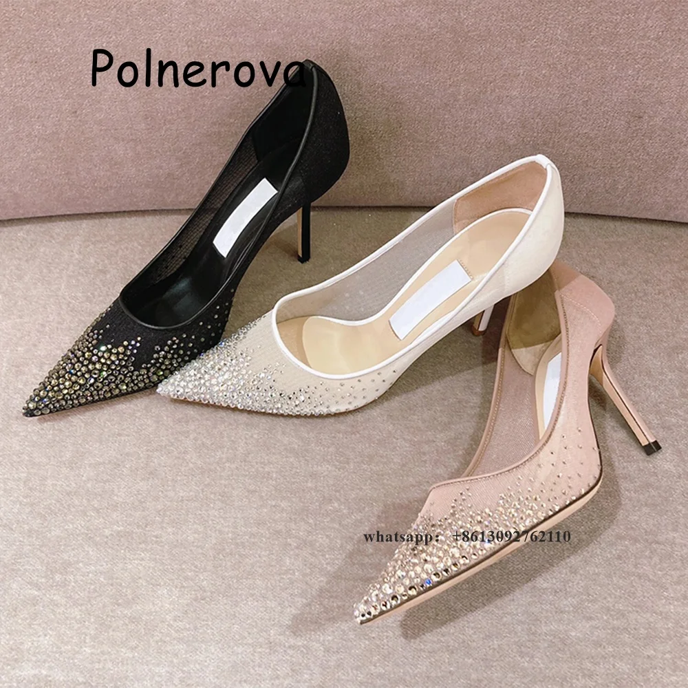 Rhinestone Pointed Toe Pumps Thin Heels Women's Shoes Mesh Solid Shallow Summer Party Casual Sexy Slip On Runway Show Shoes