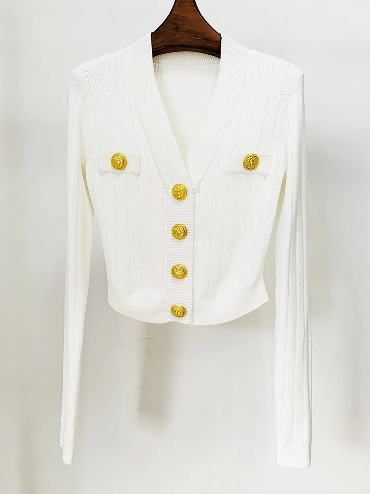 

HIGH STREET Newest 2024 F/W Designer Jacket Women Lion Buttons V-neck Crop Knitted Cardigan