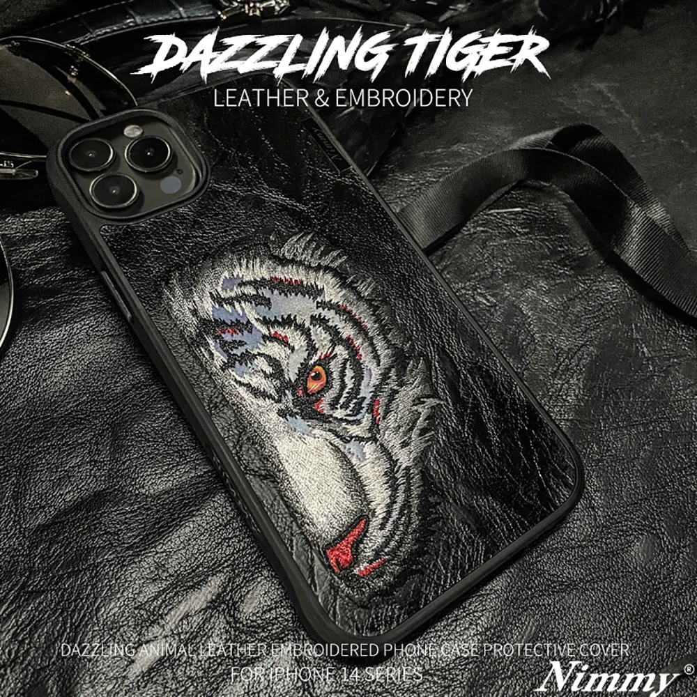 3D Embroidery Tiger Head Aesthetic Case for iPhone 12 11 13 Pro Max XS 8 7  Plus X Luxury Brand Crocodile Texture Leather Cover