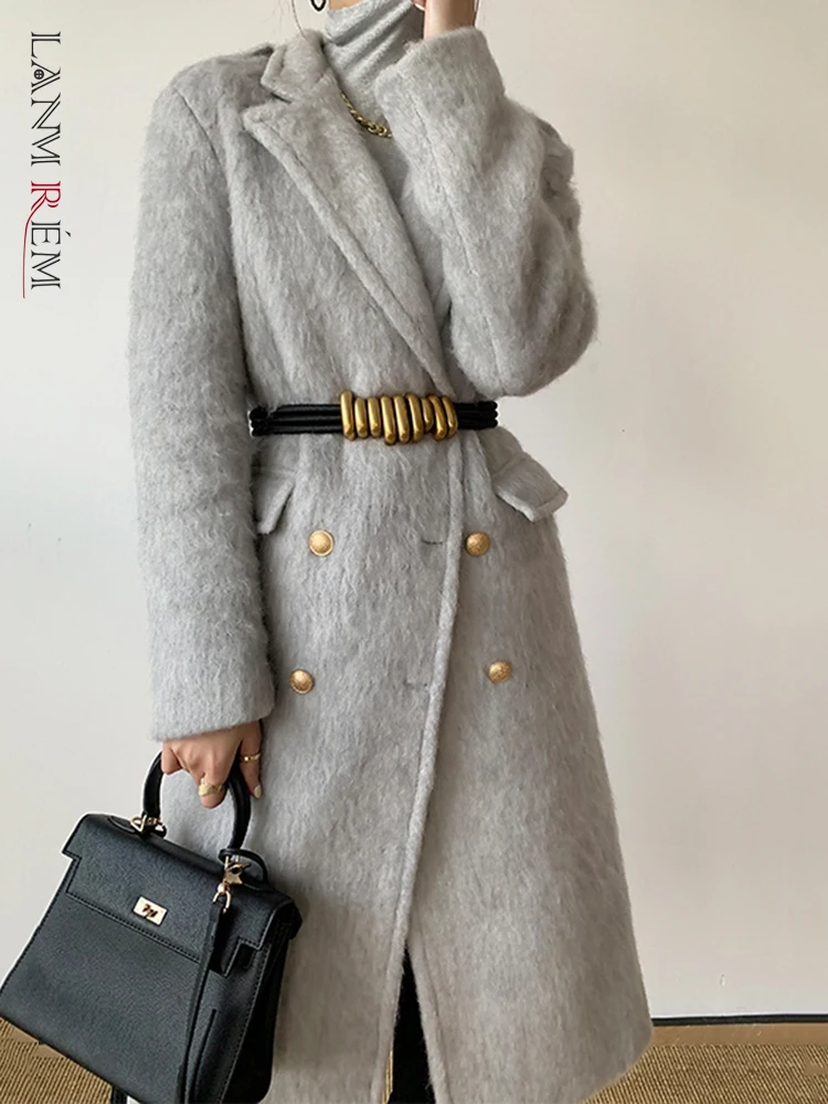

LANMREM 2023 Winter New Long Woolen Coat Women Fashion Notched Collar Double Breasted Solid Color Clothing Office Lady 2AA3096