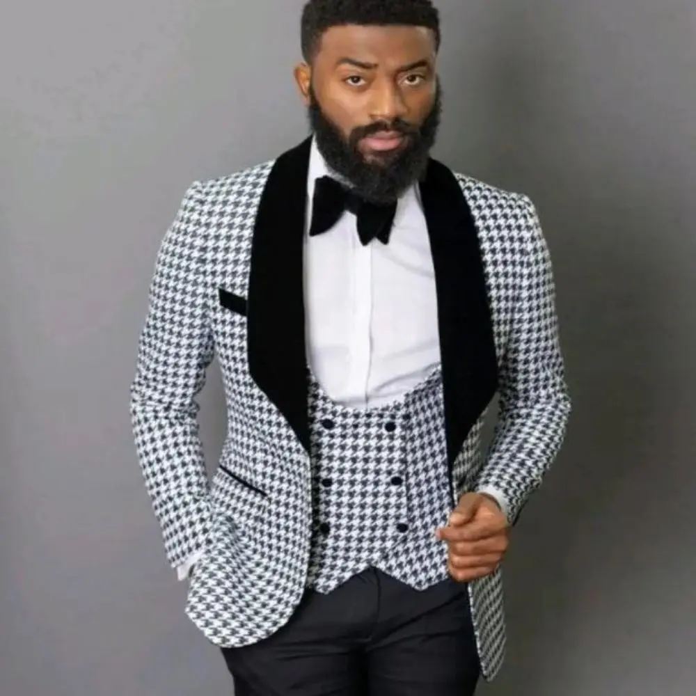 Houndstooth Groom Tuxedos Black Velvet Lapel Groomsmen Mens Wedding Dress Excellent Man Jacket Blazer 3 Piece Suit Jacket Pants