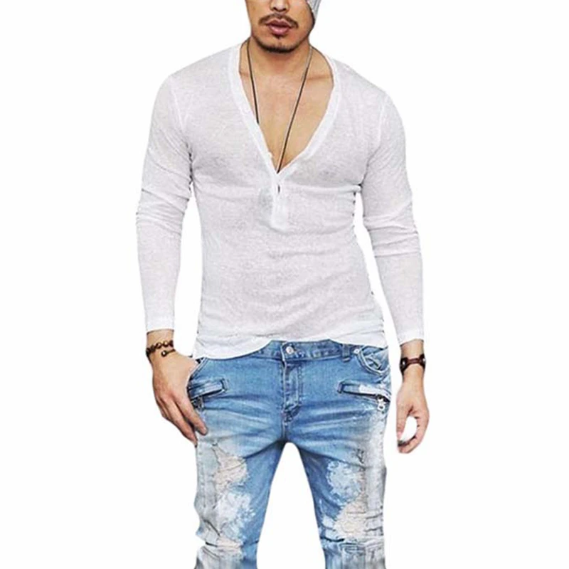 Tiefe V Neck T Shirt für Männer T-shirt Unsichtbare Unterhemd Männlichen Low Cut Vneck Breite Vee T Modell Scoop Saum slim Fit Langarm – Detail 3