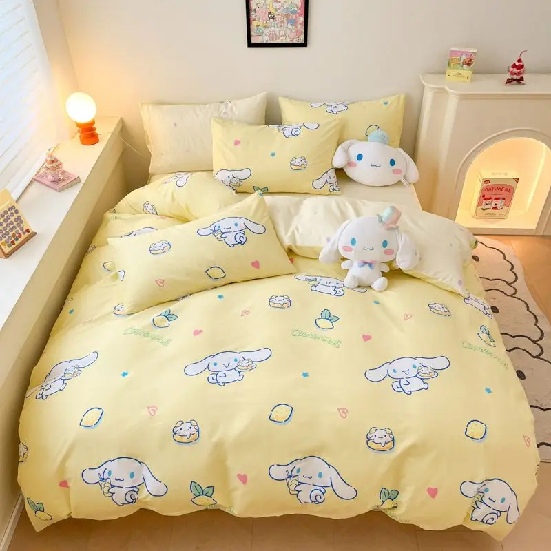 

Хлопковый набор из четырех предметов Cinnamoroll Melody Kuromi с изображением героев мультфильмов Sanrio, пододеяльник для студентов, простыни, наволочки, набор из трех предметов