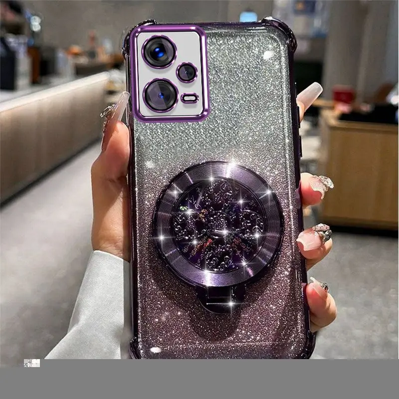 Gradient Glitter Phone Case with Holder and Hand Strap in Electroplated Design