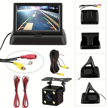 Display pieghevole da 4,3 pollici con HD ultra-chiaro per la retrovisione dell'auto, dotato di una telecamera di retromarcia con 4 LED. per la retromarcia in SUV e pickup