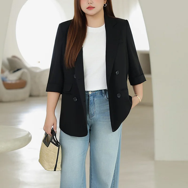 Women's Plus Size Summer Cooling Blazer With Sun Protection Lightweight Three-Quarter Sleeve Office Jacket For Business Casual