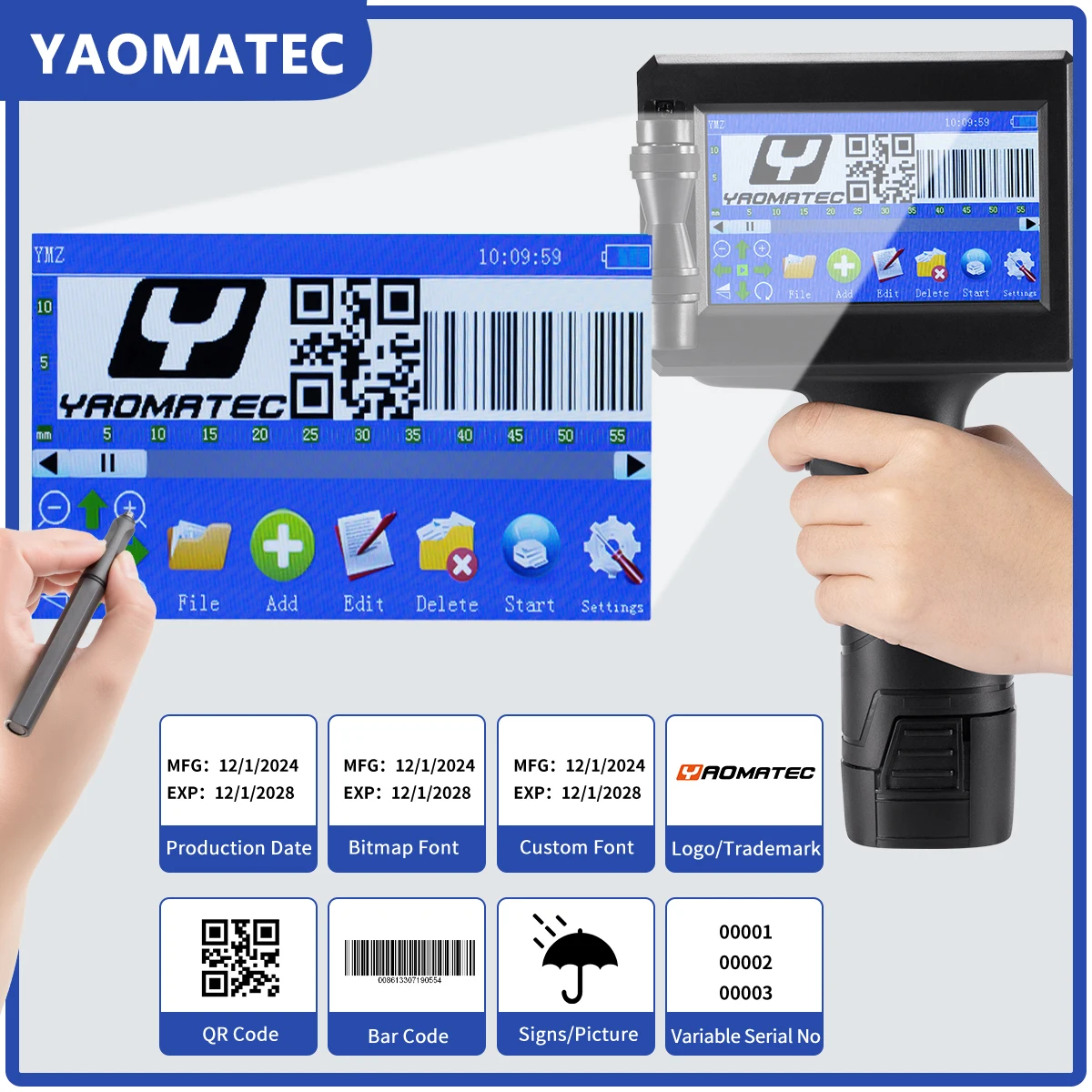 YAOMATEC 저렴한 12.7mm 로고 QR 코드 번호 날짜 휴대용 프린터 금속 비닐 봉투 병 휴대용 열전 사 잉크젯 프린터