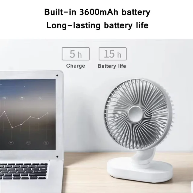 Electric USB Auto Rotation Desktop Fan 3600mAh Rechargeable Air Cooling Conditioner 4 Speed Wind Silent Portable for Home Office 5