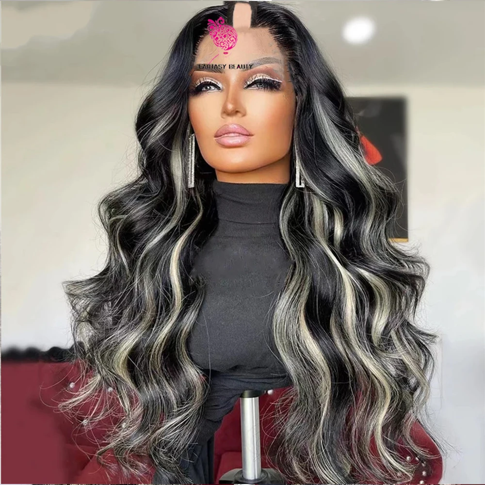 V Part Body Wave Highlight Grey Wig