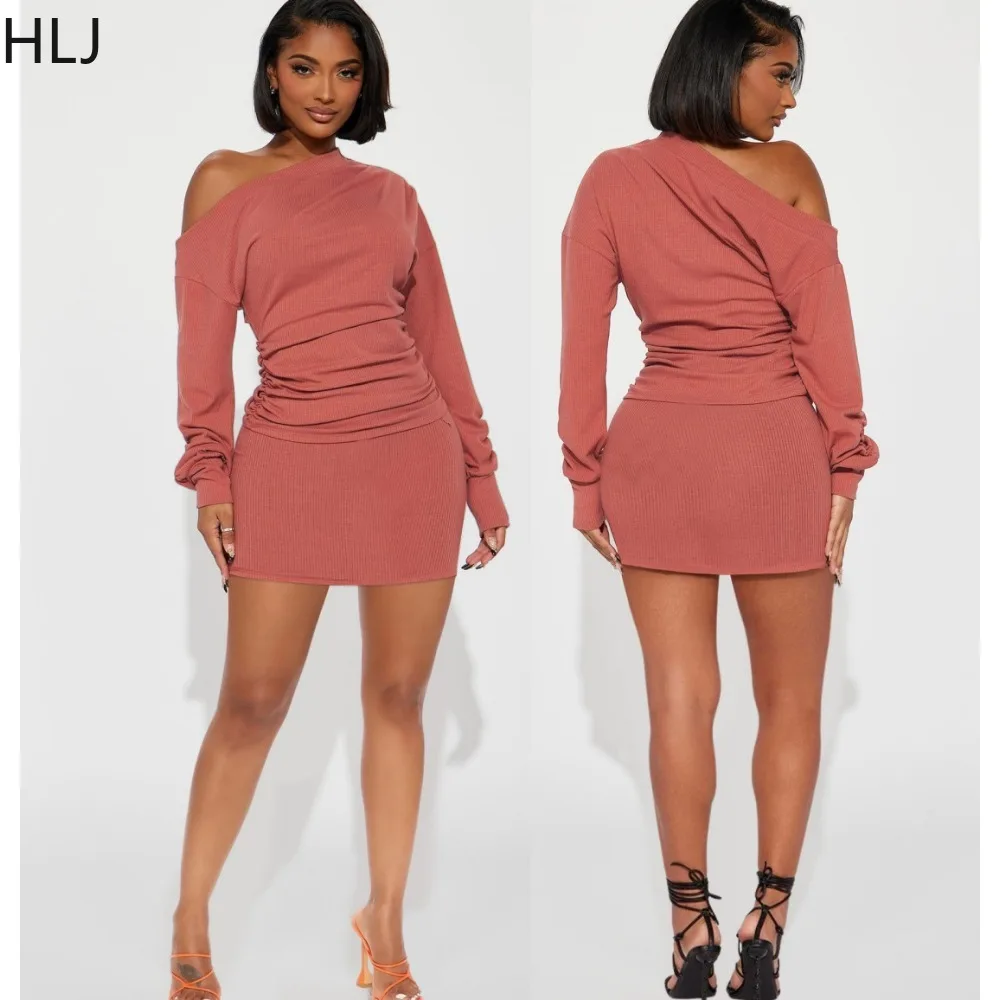 HLJ Fashion Solid Ribber Mini Skirts Two Piece Sets Women One Shoulder Long Sleeve Top And Skirts Outfits Female 2pcs Clothing