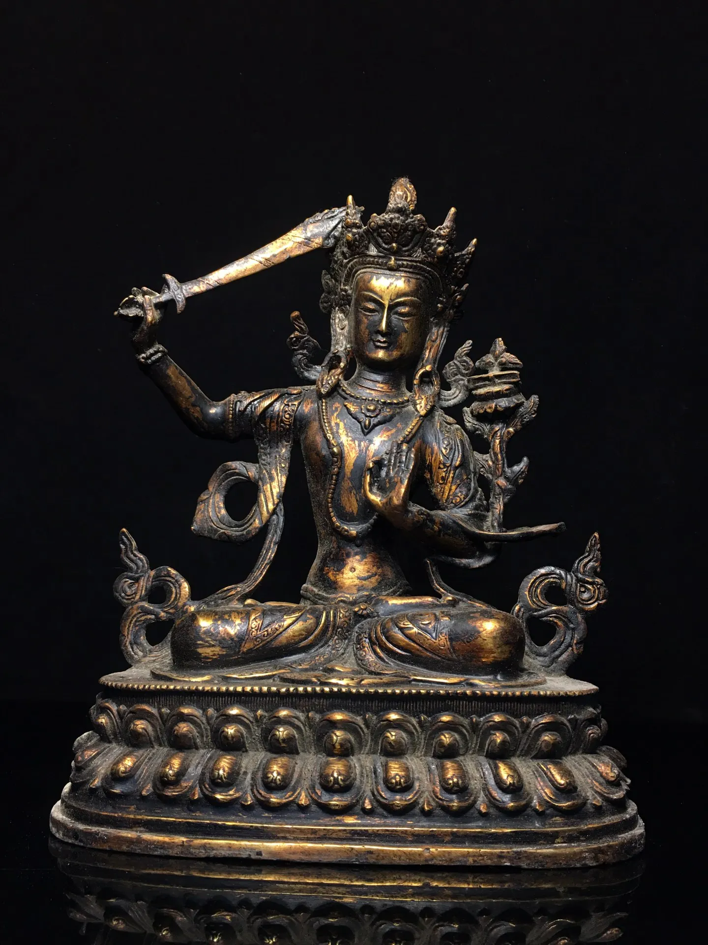 

11"Tibetan Temple Collection Old Bronze Cinnabar Mud gold Manjushri Buddha lotus platform worship hall Town house Exorcism