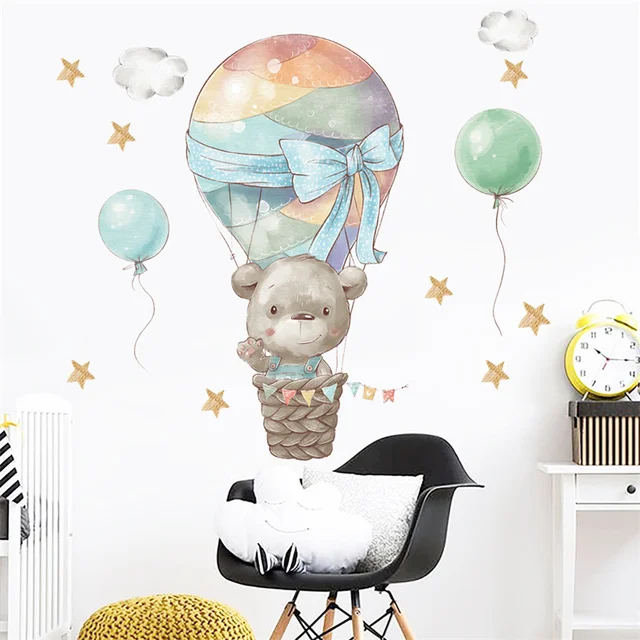 Rajzfilm Medve Hőlégballon Háttérkép Aranyos Lány Táncfal Matrica Csecsemő Óvoda Dekorációs Csillagok És Felhők - Image 5