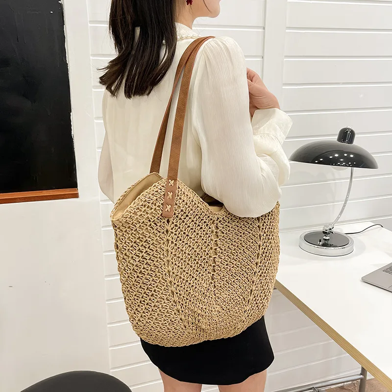 Casual Large Capacity Straw Woven Beach Bags Handmade Women Large Capacity Shoulder Bag Lady Summer Travel Handbags Shopper Tote