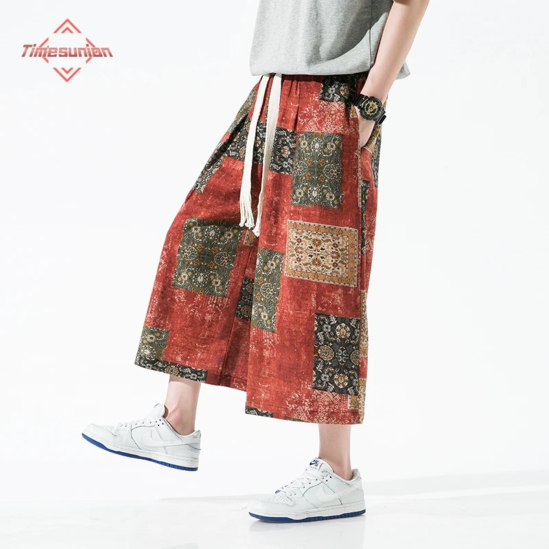 

Casual Wide Leg Pants Men China Pants Chinese Traditional Harajuku Kung Fu Tang Suit Ethnic Style Cotton Linen Pants