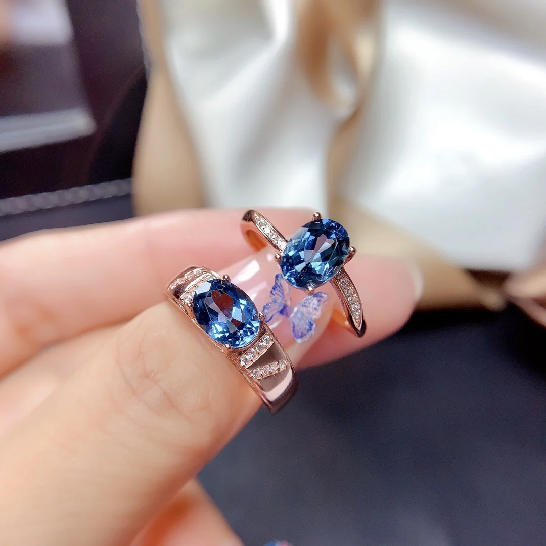 

Natural Genuine 925 Sterling Silver Couple Ring 6 * 8mm Topaz Men's and Women's Couple Jewelry Free Delivery