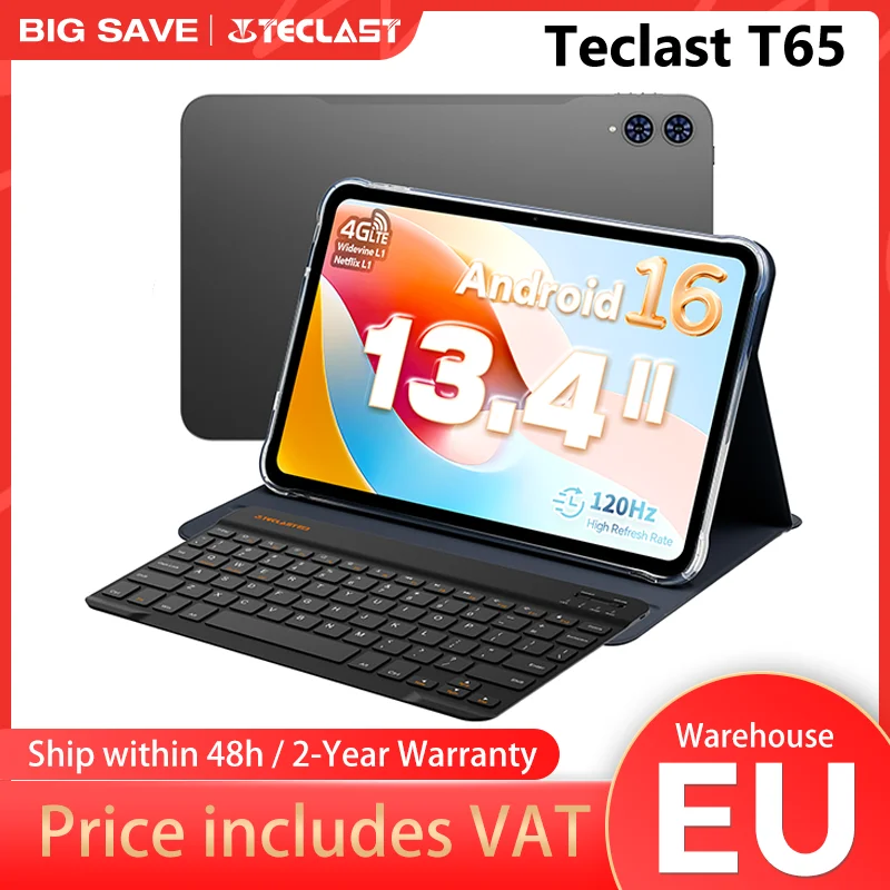 Tablette TECLAST T65 13,4 pouces Android 16 120 Hz FHD 1200P écran IPS 4G LTE Unisoc T7280 Octa-Core 8 Go + 12 Go 20 Go RAM 128 Go ROM 8000 mAh Widevine L1 Tablette Netflix avec carte SIM WiFi Bluetooth 5.0 GMS Google Play GPS 1