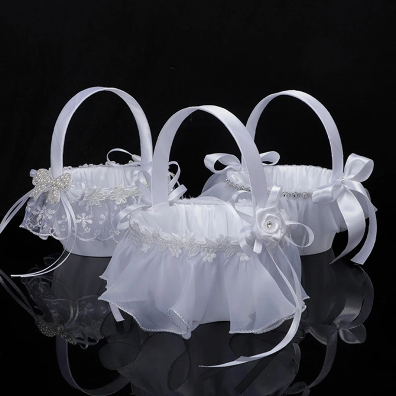 Romantic Petals Storage Satin Flower Girl Basket Bowknots Decor White for Wedding Ceremony Party Decorations 5 Style