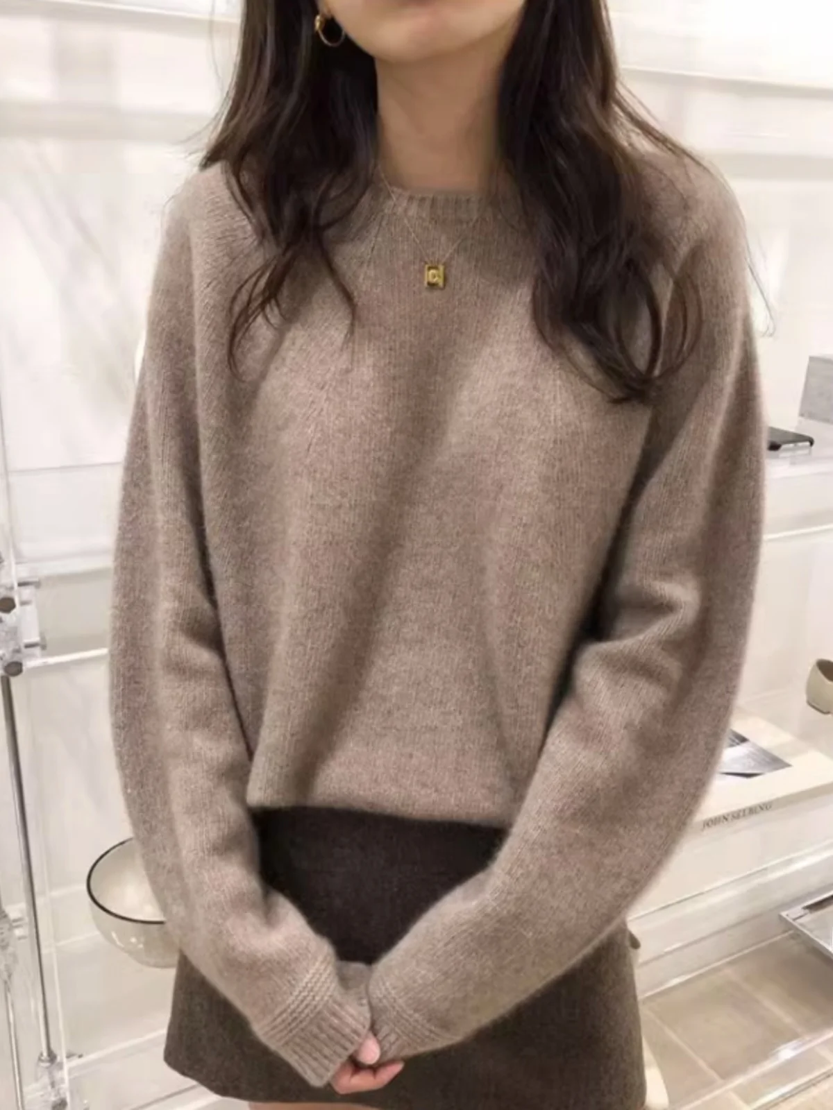 Chic Early Autumn Knitted Top Women's Loose Lazy Sle Long Sve round Ne Overalls Warm Thermal Fce Blend Commute Sle