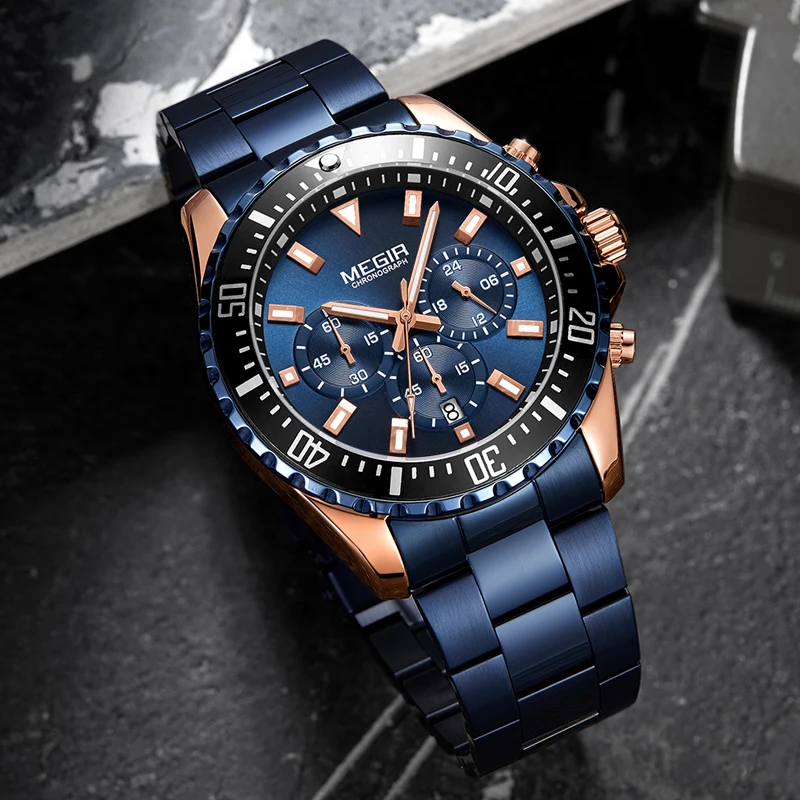 MEGIR Fashion Chronograph Quartz Watch for Men Stainless Steel Waterproof Luminous Sport Military Blue Watch Relogio Masculino