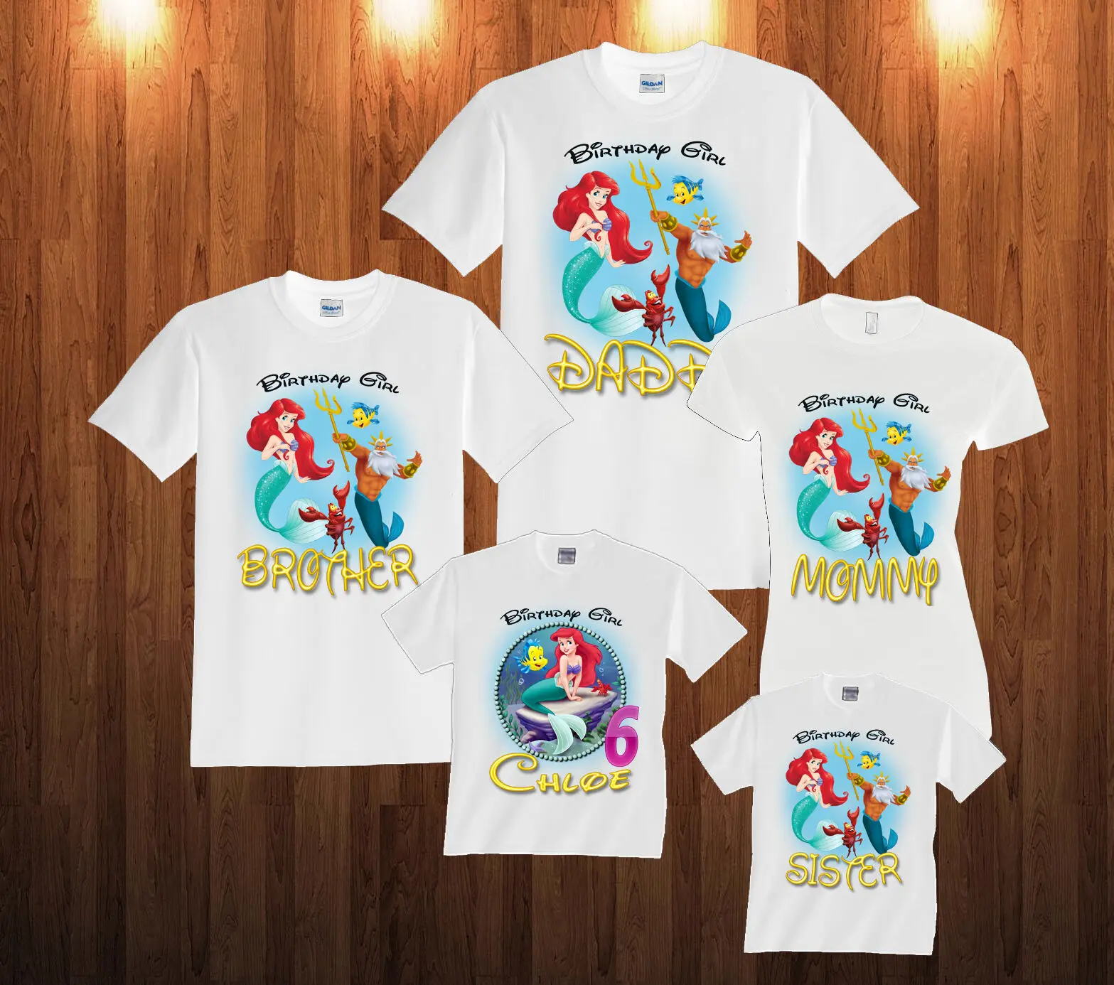 The Little Mermaid Birthday Shirt Mermaid Family Set T-Shirt Family Matching Outfits, Customized with Any Name and Age 3