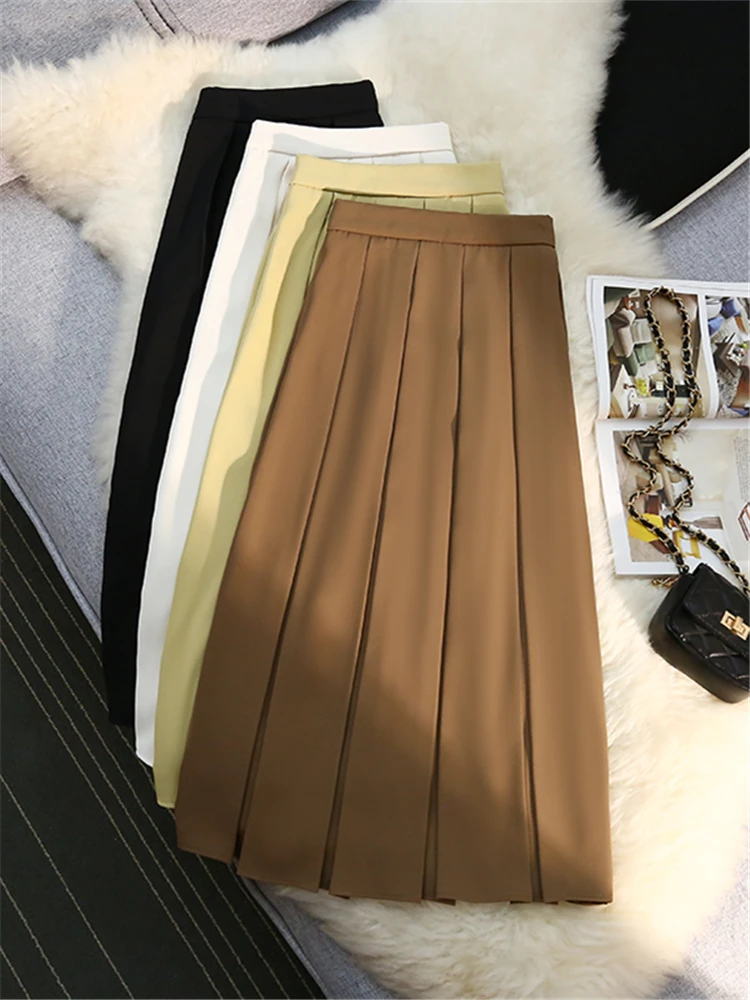 

2023 New Solid High Waist Pleated Women's Midi Skirts Female Minimalism Office Umbrella Elegant A-Line Skirts Spring Summer