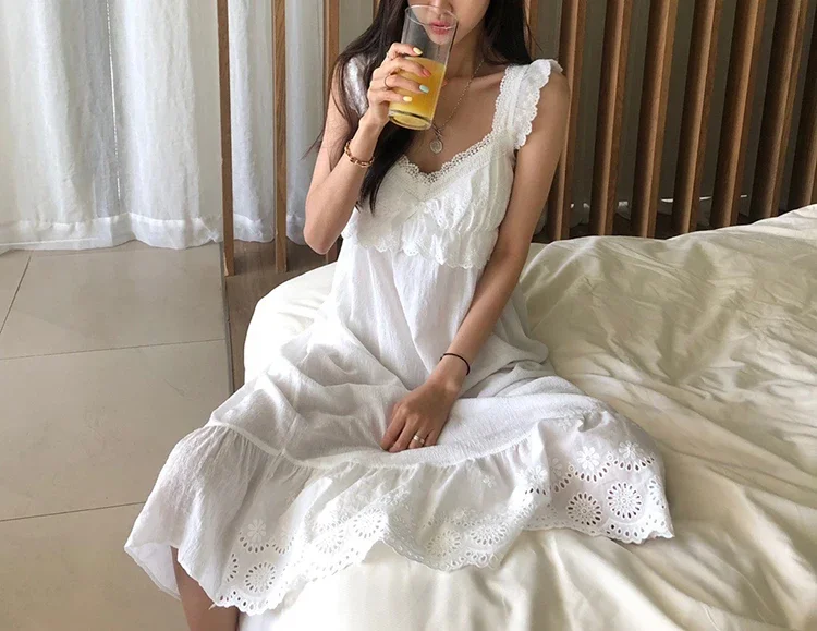 Summer Womens Princess Dress White Sleeveless Sleepshirts Vintage Lady Girls Nightgowns Nightdress Royal Style Pajamas Sleepwear
