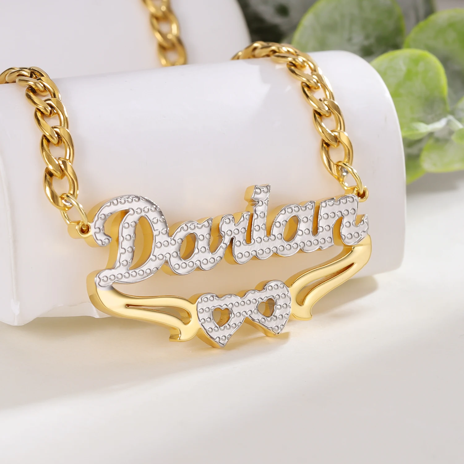 Custom Name Necklace Double Layer Two Tone Two Hearts Personalized 14K Gold Plated Stainless Steel Cuban Chain Necklace For Wome