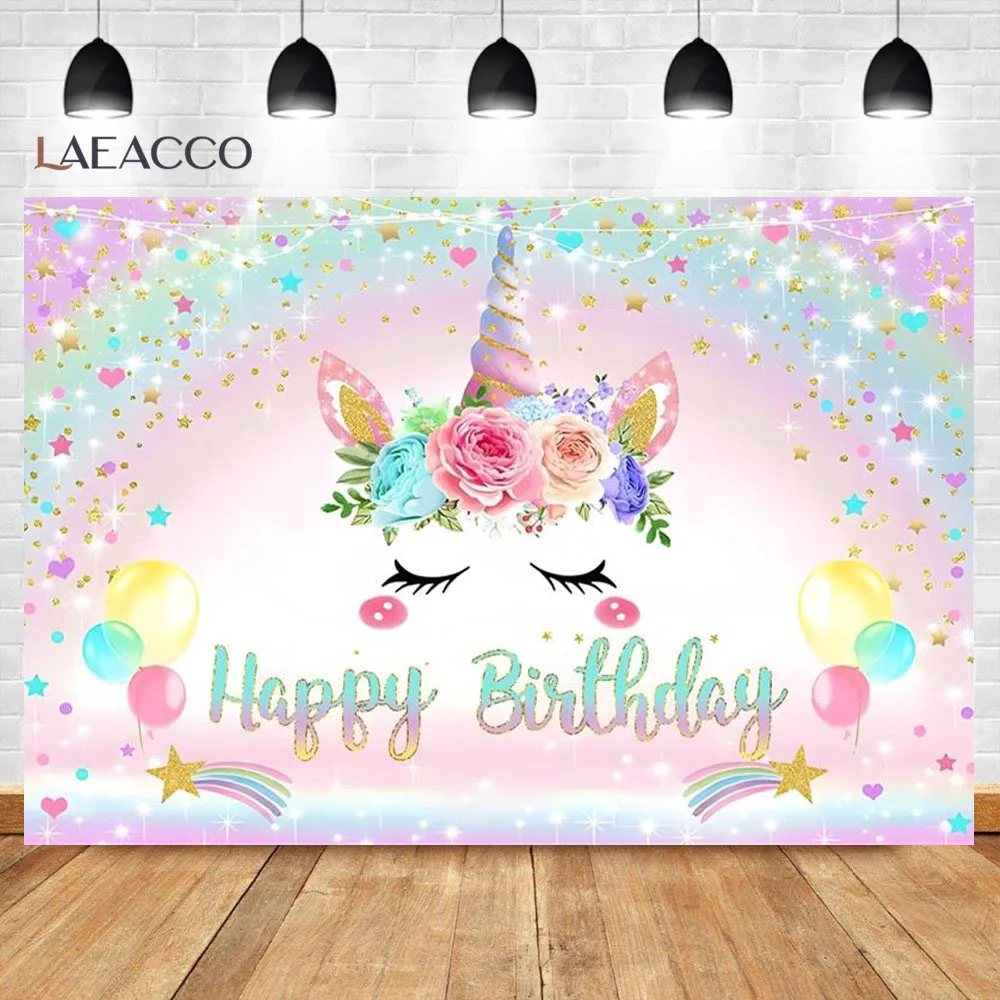 Unicorn Rainbow Happy Birthday Party Backdrop Flower Gold Glitter Unicorn Baby Shower Girl First Birthday Photography Background photo backdrop