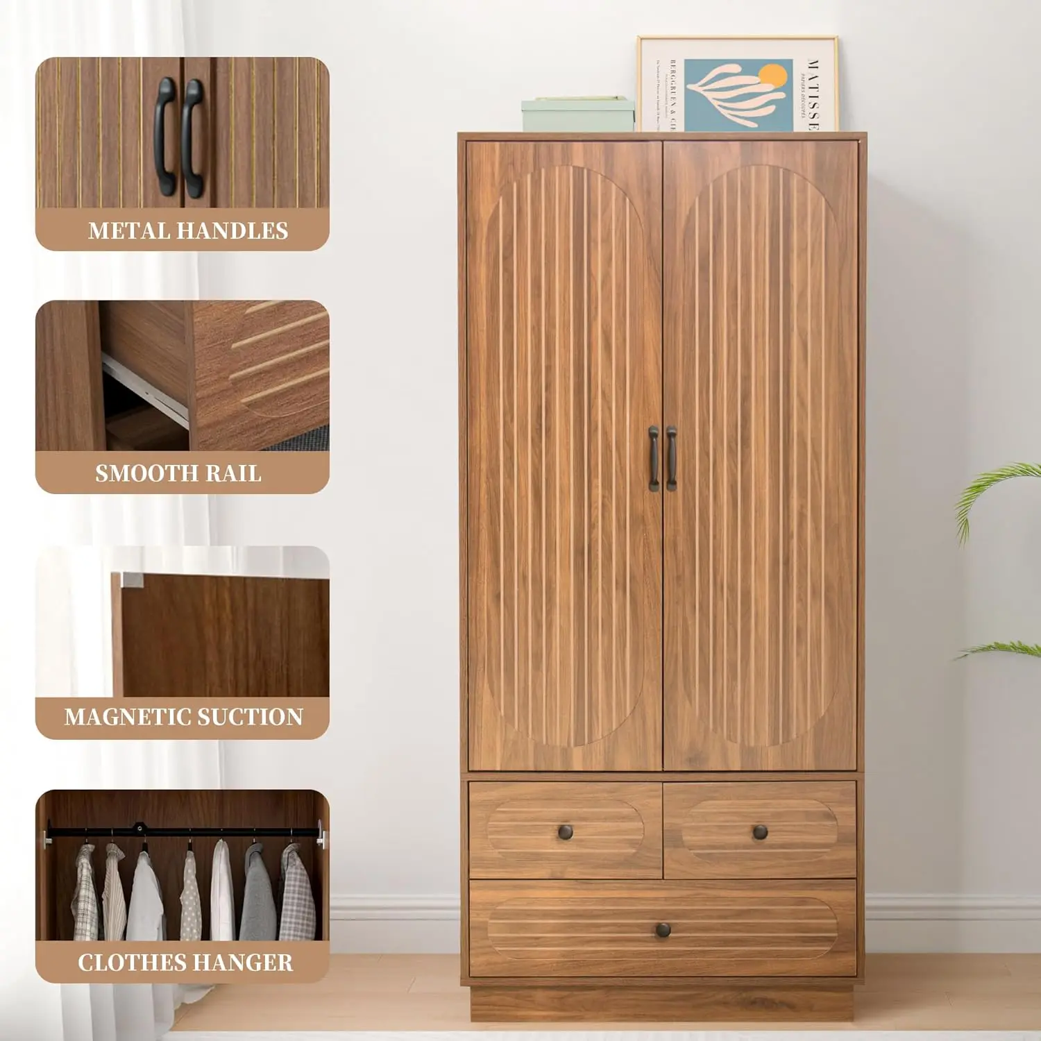 Mid-Century Modern Walnut Armoire w/3 Drawers, Hanging Rod & Shelf - Tall Clothing Storage Cabinet for Bedroom