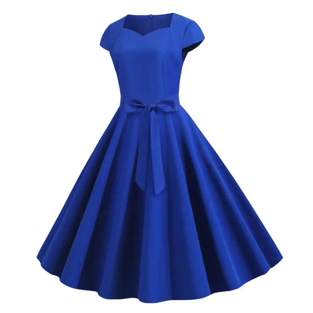 

Cocktail Dress Retro Princess Style Midi Dress with V Neck Belted Bow Decor A-line Big Swing Design for Women Stretchy Solid