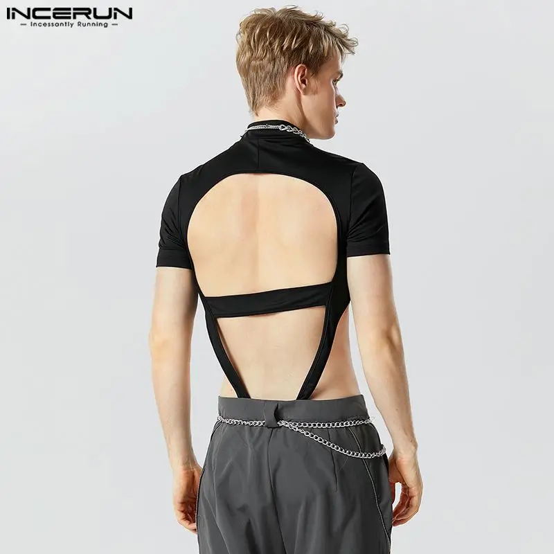 Men Bodysuits Men Jumpsuits Men Lingerie Fashion Men's Homewear Jumpsuits INCERUN Symmetric Hollow Design Short Sleeve Half High Neck Solid Triangle Bodysuits S-5XL