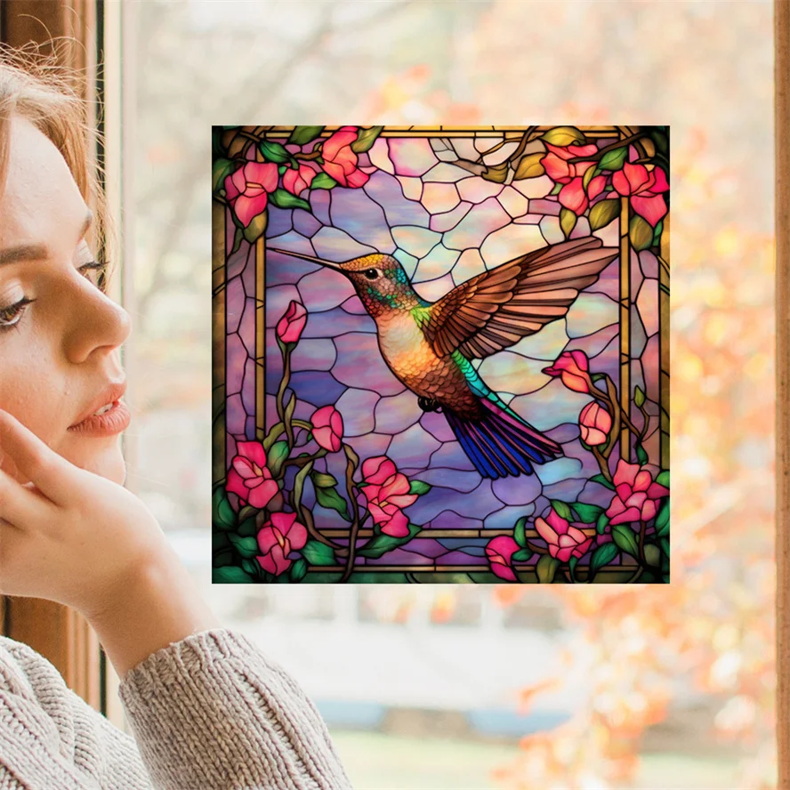 Antique Color Dyed Hummingbird Iris Japonica Window Glass Electrostatic Sticker Detachable Decorative Film Home Decorations