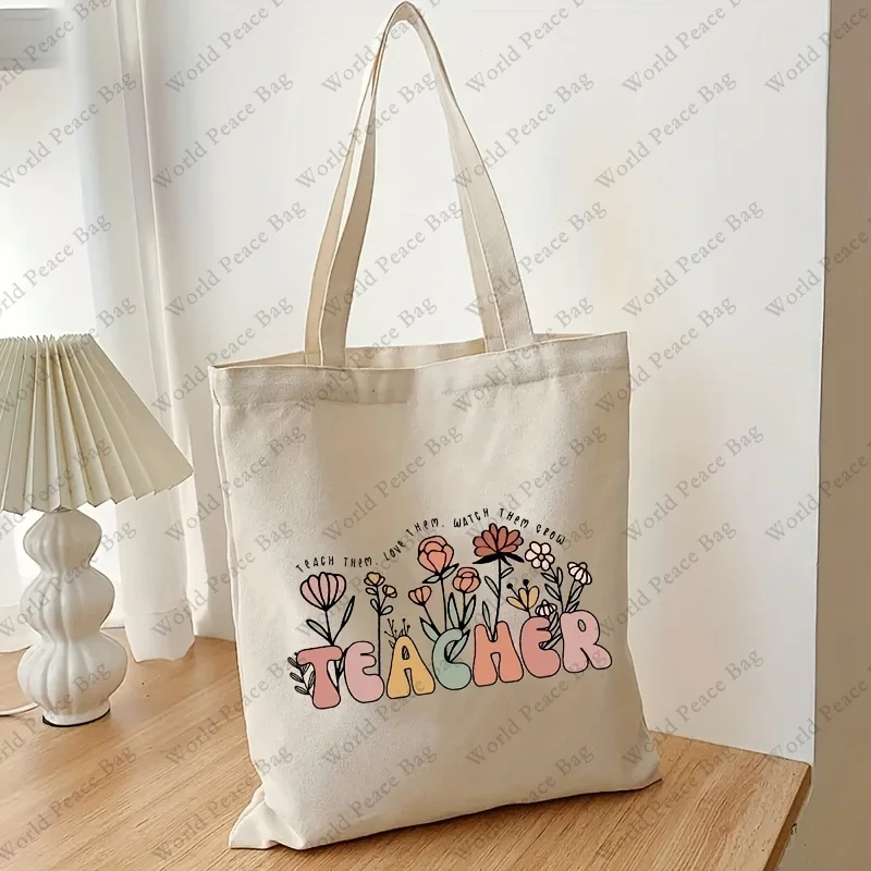Teach Them Love Them Watch Them Grow Pattern Tote Bag Floral Teacher Shoulder Bag Tote Bag for Teachers