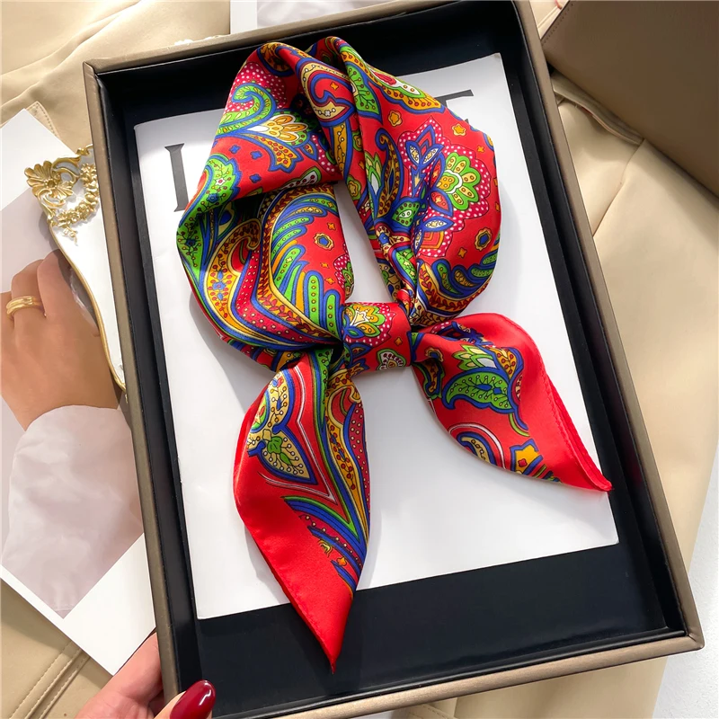 Fashion Paisley Print Square Scarf for Women Neckercheif Satin Silk Headscarf Hair Bands Lady Ribbon Band Wrist Wrap Shawls 2023 classic paisley floral neck bandana hair headband for women men tube scarf uv protection windproof neckerchief cycling face mask