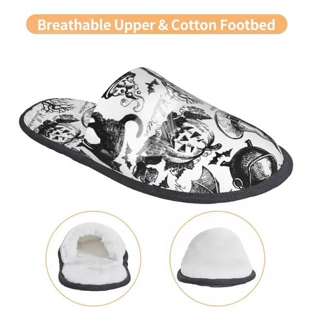 모피 슬리퍼 할로윈 패턴 오픈 토 플러시 폼 슬라이드 슬리퍼는 부드러운 플러시 소재와 내구성 있는 EVA 폼 밑창으로 만들어져 집에서도 편안하고 따뜻한 신발입니다.