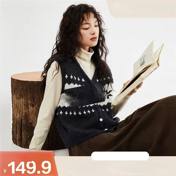 Giordano 니트 조끼 여성 가을과 겨울 새로운 색상 매칭 자카드 느슨한 V-neck 카디건 스웨터 조끼 18353606